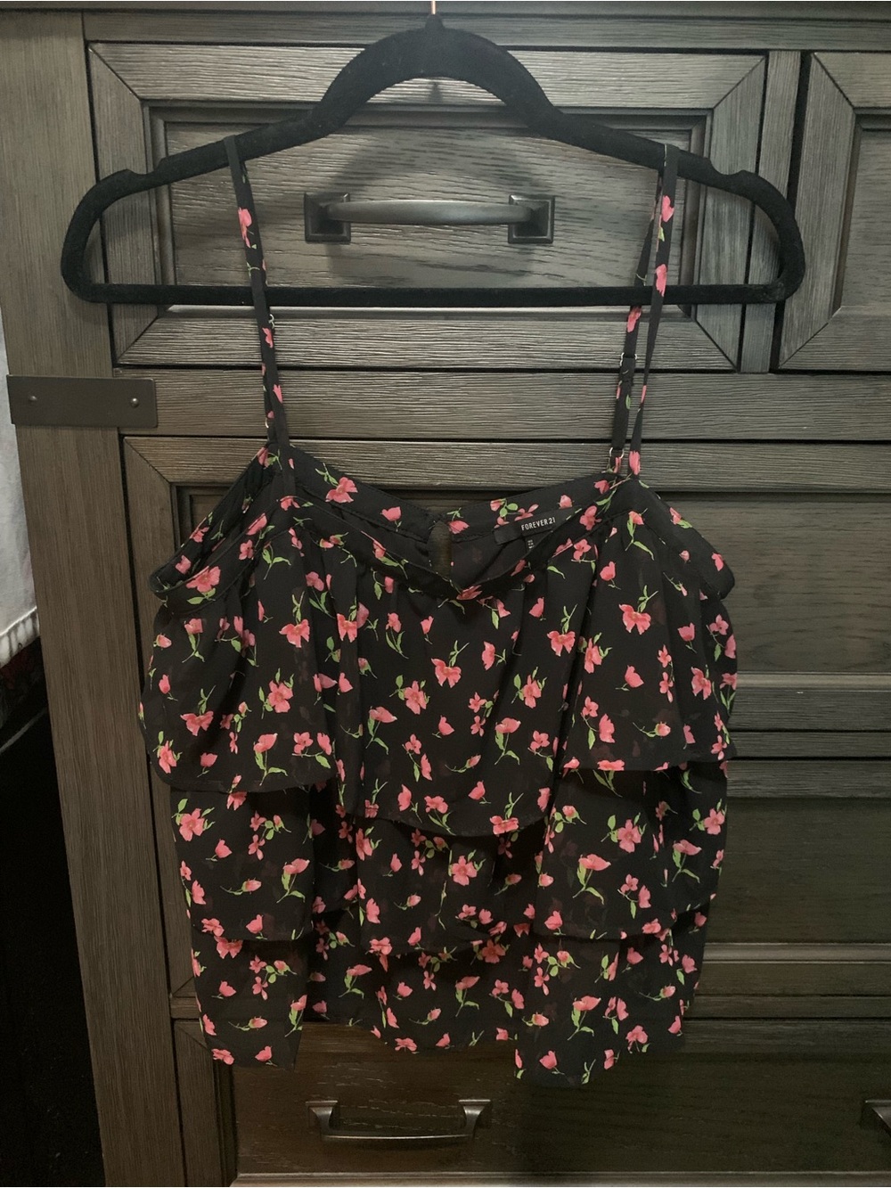 Forever 21 Black Cami Top with Pink Floral Print and Ruffle Layers
